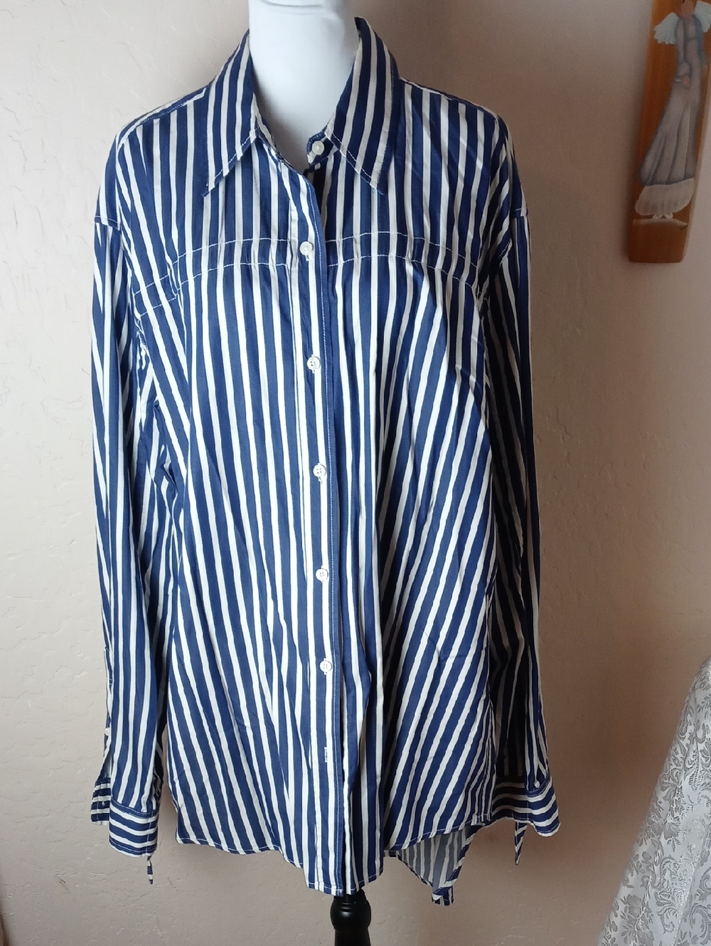 Current/Elliott Navy and White Striped Button-Down Shirt